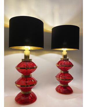 Table lamps - 1970s - red glass and brass     