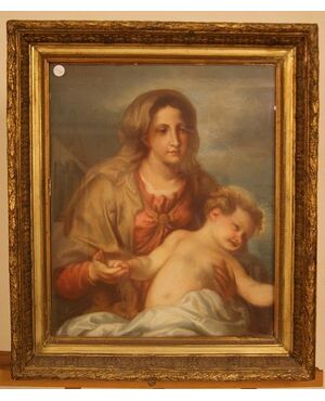 Antique pastel painting on French cardboard from 1800 depicting Maternity     