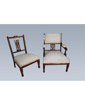 Gruppo di 2 sedie e 2 poltroncine Vittoriane da camino del 1800 inglese in palissandro 