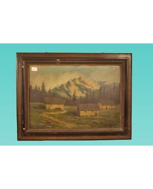 Ancient Italian oil painting on wood Mountain landscape     