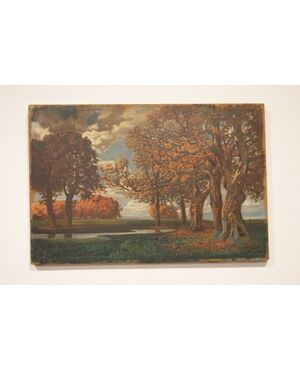 Antique oil painting on canvas depicting autumn forest signed from 1900     