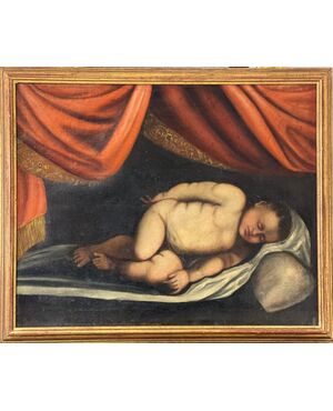 Cupido dormiente, olio su tela fine XVII sec., pittore caravaggesco del nord Italia