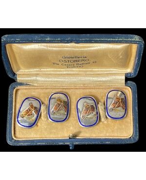 Silver cufflinks with original box with enamel decoration depicting horse heads Italy.     