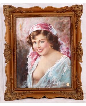 Antico quadro del 1800 olio su tela raffigurante giovane donna