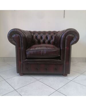 New original English chesterfield armchair in antiqued burgundy red leather     