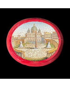Micromosaic on a red base with a scene of ruins. Rome.     