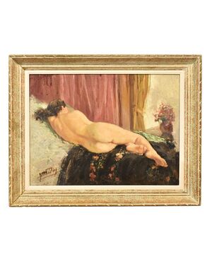 FEMALE NUDITY PAINTINGS, LAYING WOMAN, EARLY 20TH CENTURY, OIL PAINTING ON CANVAS. (QN331)     