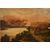 Antico quadro inglese del 1800 olio su tela raffigurante paesaggio campestre con lago e montagne 