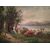 Olio su cartoncino Nord Europa del 1800 paesaggio con bosco lago e personaggi