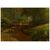 Antico grande dipinto olio su tela di inizio 1900 firmato raffigurante sentiero e casa nel bosco Nord Europa