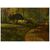 Antico grande dipinto olio su tela di inizio 1900 firmato raffigurante sentiero e casa nel bosco Nord Europa
