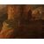 Antico olio su tela italiano del 1700 paesaggio con personaggi e veduta cittadina con cascata