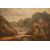 Antico quadro del 1800 olio su tela paesaggio campestre con personaggi e corso d'acqua