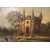 Antico piccolo dipinto olio su tavoletta inglese del 1800 castello con personaggi