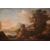 Antico olio su tela italiano del 1700 paesaggio con personaggi e veduta cittadina con cascata
