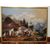 Olio su tela austriaco del 1800 raffigurante paese di montagna e animali