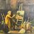 Antico dipinto olio su tavola Atelier d artista. Epoca 1850 con cornice antica dorata. Mis 64 x 50 . Firmato 