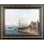 Dipinto Olio su tela francese del 1800 raffigurante una veduta marina porto con barche e personaggi