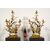  Coppia di grandi candelabri a tre luci in bronzo dorato con aironi e fiori in porcellana policroma, Francia, XIX secolo