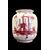 Vaso in maiolica con decoro ad architetture e motivi vegetali  in rosso porpora.Casali e Callegari.Pesaro.