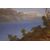 Antique English painting from the 1800s, oil on canvas, depicting a mountain landscape with a lake.