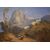 Antique English painting from the 1800s, oil on canvas, depicting a mountain landscape with a lake.
