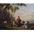 Antique French painting from the 1800s, oil on oval panel with pickled lacquered frame, shepherd with lady and flock.