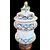 Large majolica albarello mustard pot decorated with two soldiers and stylized rocaille and floral motifs. Marinoni manufacture, Angarano.