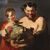 17th century antique Flemish painting, Faun with fruit basket and Bacchante