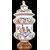 Large majolica albarello mustard pot decorated with two soldiers and stylized rocaille and floral motifs. Marinoni manufacture, Angarano.
