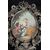 Hand-painted plaque depicting a gallant scene with a silver filigree frame. Rome, 18th century.