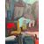 Dipinto materico paesaggio case moderno anni '60, 80x60cm