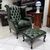 Chesterfield (chester) Queen Anne armchair and chesterfield footrest in antique green leather, new     