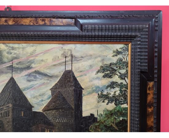 Dipinto "Veduta del Castello di Chillon " Lago di Lemano ( di Ginevra ) olio su faesite