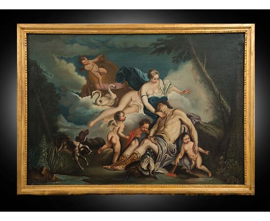 Dipinto antico olio su tela raffigurante Venere e Adone ambito"Boucher". Francia XVIII secolo.