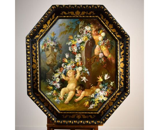 Roman painter of the nineteenth century, Still life with cherubs, festoons of flowers and herm with a faun, oil on canvas painting     