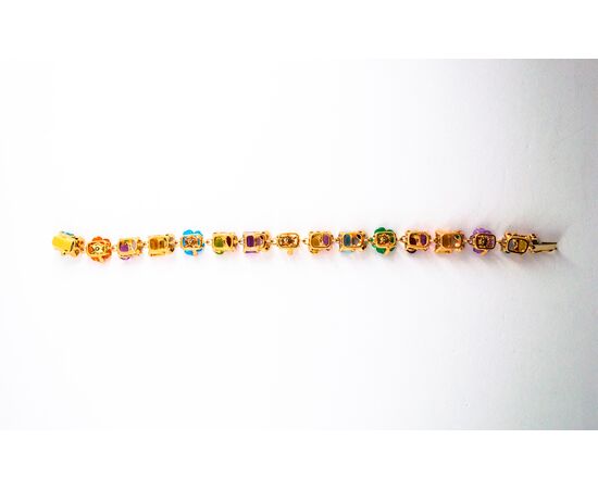 Art Nouveau Diamond Ruby Emerald Sapphire Pearl Yellow Gold Flowers Bracelet