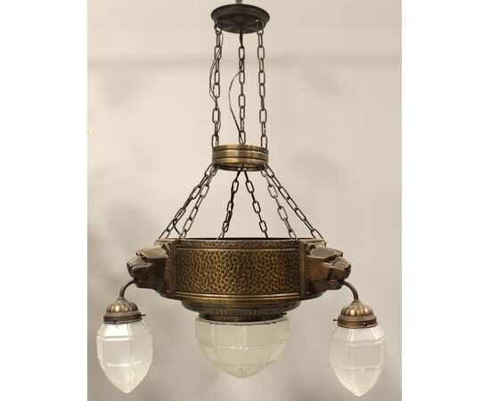 Antico Lampadario in rame e vetro a 4 luci - epoca 800