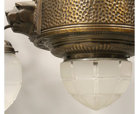 Antico Lampadario in rame e vetro a 4 luci - epoca 800