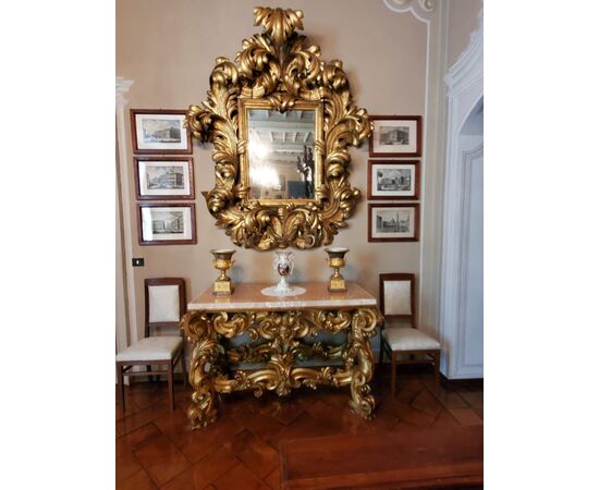 Importante consolle  e specchiera Luigi XIV, in legno intagliato, scolpito e dorato