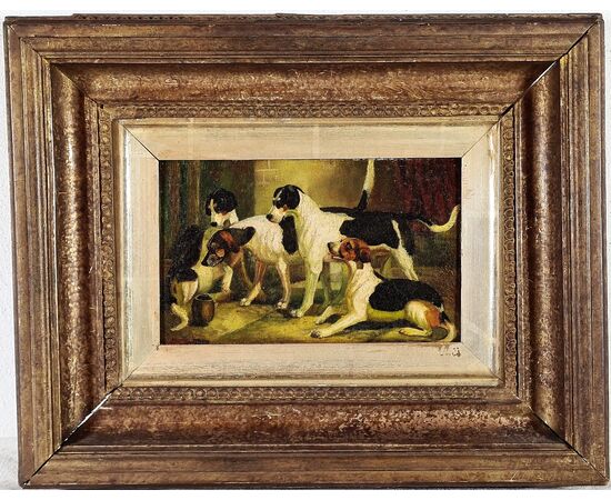 123) Dipinto ad olio su tavola  "Quattro cani"