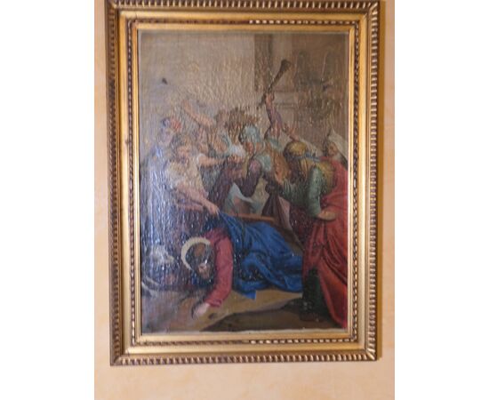 Antico dipinto italiano religioso Via Crucis del XIX secolo olio su tela
