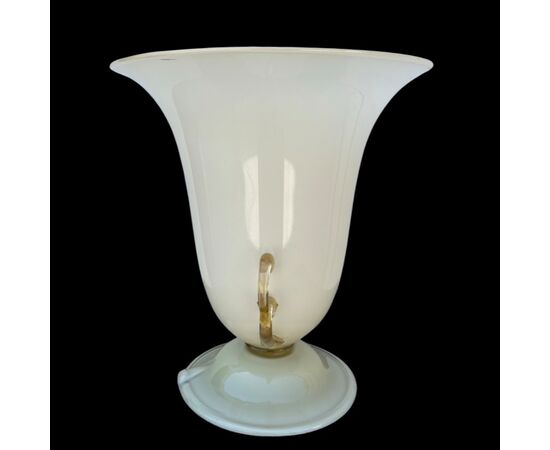 Cup lamp in milky-amber coated glass with two handles with gold inserts.Murano.     