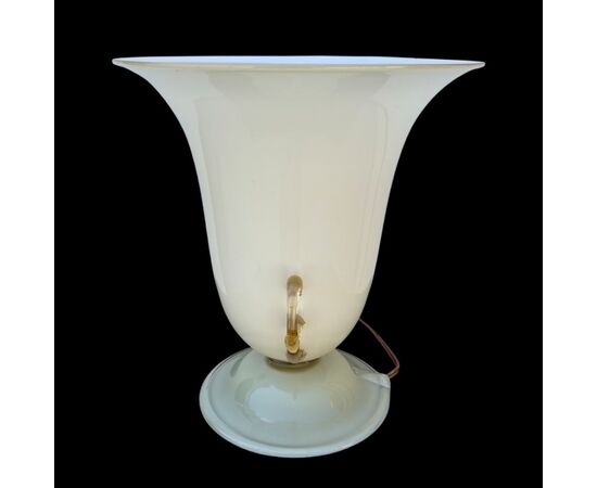 Cup lamp in milky-amber coated glass with two handles with gold inserts.Murano.     