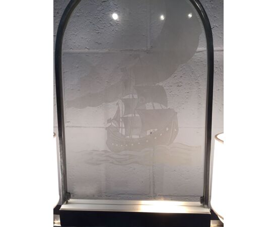 Particolare lampada a due luci in metallo e vetro, XX secolo