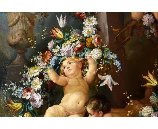 Pittore romano del XIX secolo, Natura morta con putti, festoni di fiori e erma con fauno, dipinto olio su tela