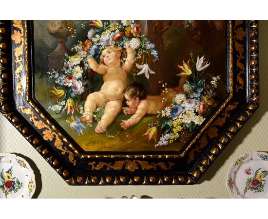 Roman painter of the nineteenth century, Still life with cherubs, festoons of flowers and herm with a faun, oil on canvas painting     