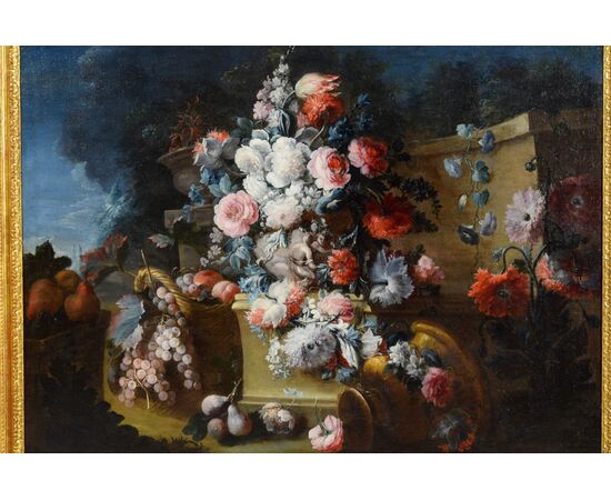 Michele Antonio Rapos (Torino 1733-1819), Natura morta con trionfo di fiori, dipinto olio su tela 