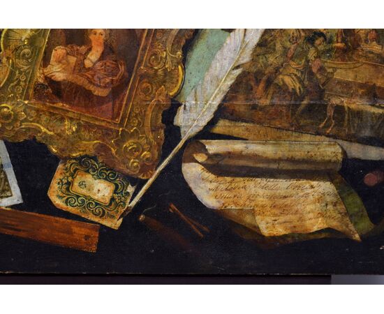 Dipinto olio su tavola con elementi a collage, nord Italia, metà XIX secolo