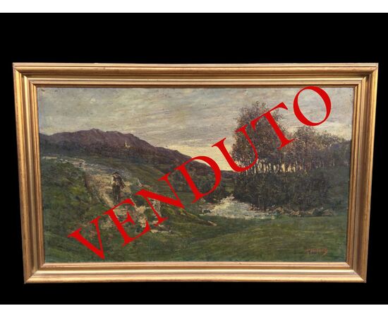 Dipinto olio su tela raffigurante paesaggio , pittore: Mengotti